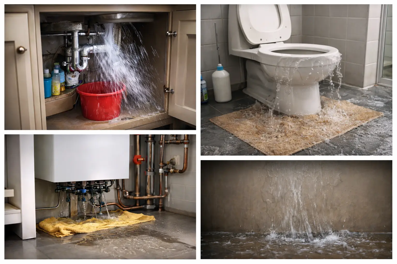 Collage showing common plumbing emergencies, including a burst pipe under a kitchen sink, a leaking boiler with water pooling on the floor, and an overflowing toilet causing bathroom flooding.
